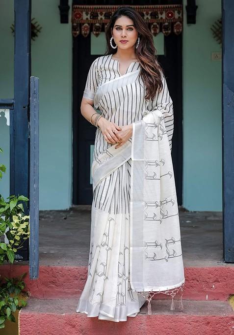 White Printed Blended Saree Set