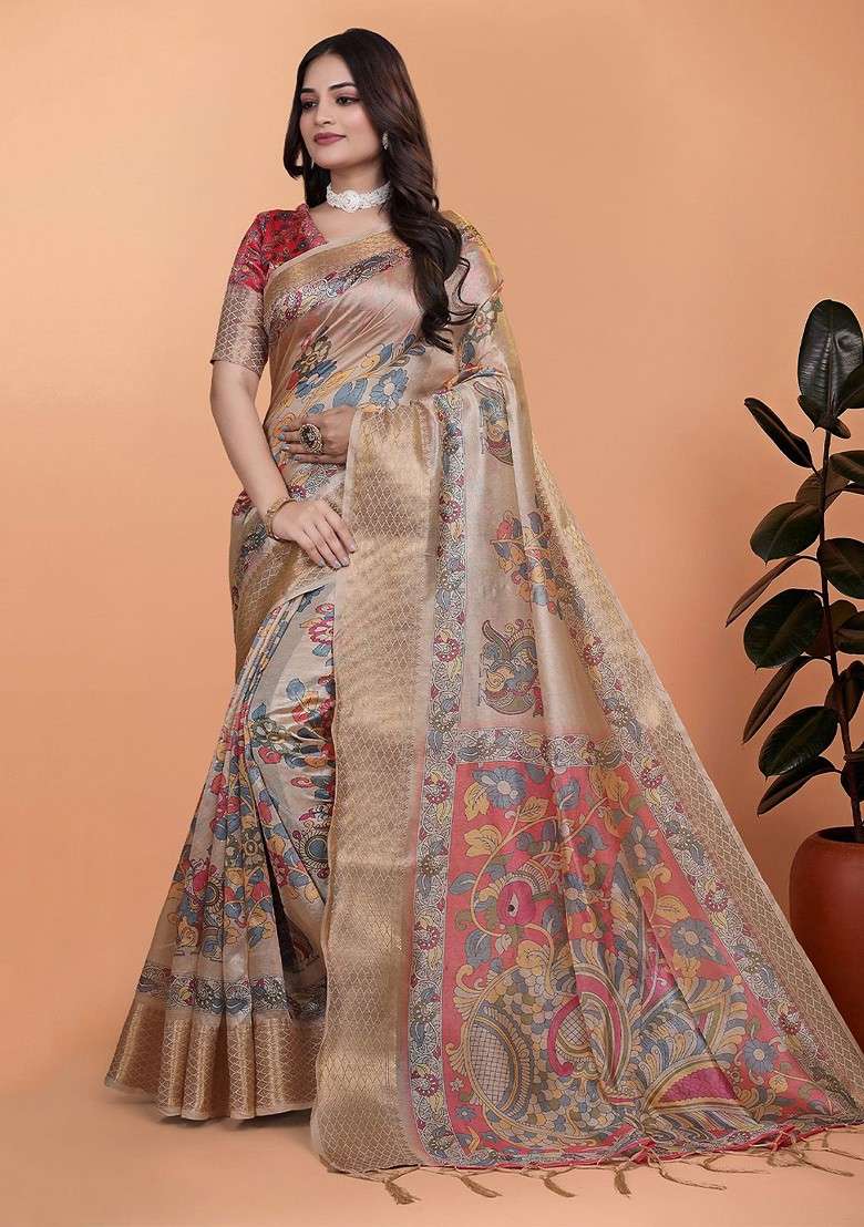 Cream Printed Blended Saree Set - Indya