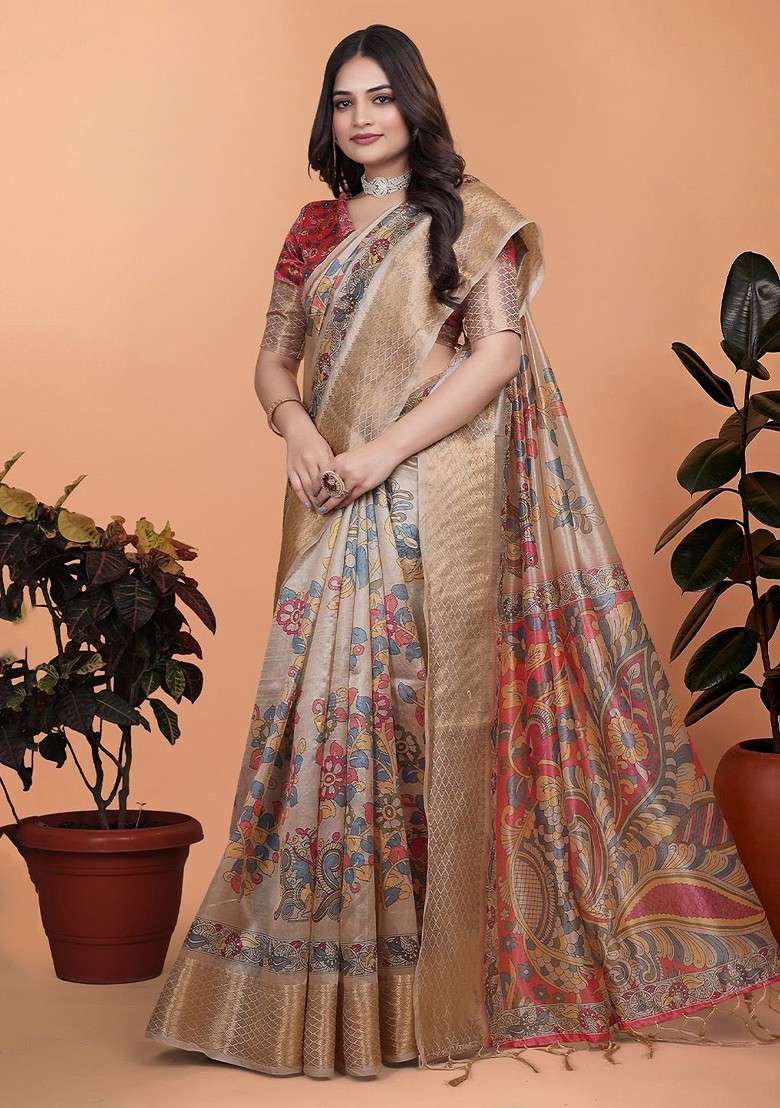 Cream Printed Blended Saree Set - Indya