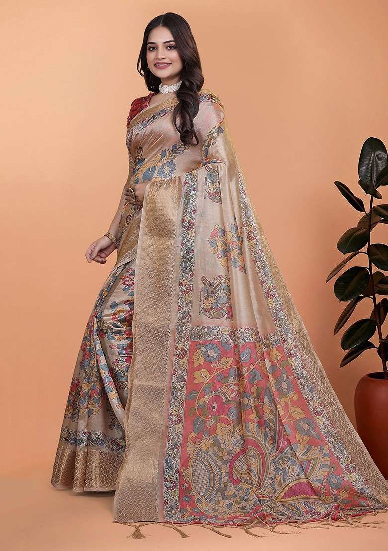 Cream Printed Blended Saree Set - Indya