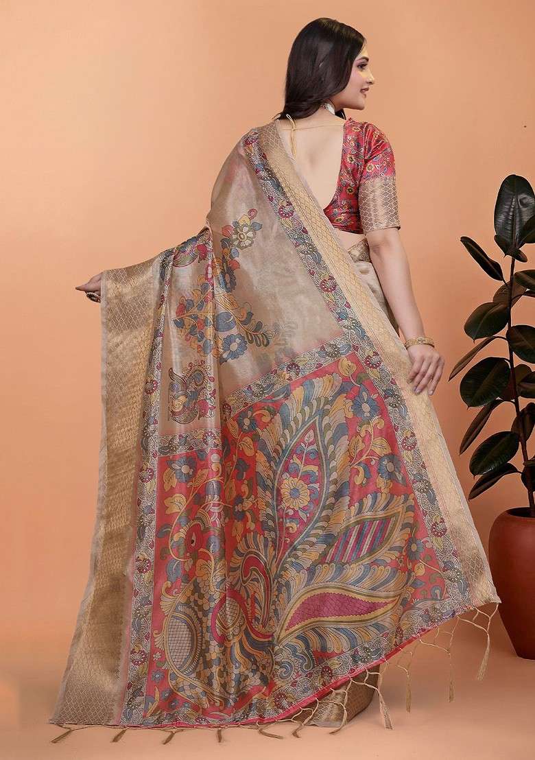 Cream Printed Blended Saree Set - Indya