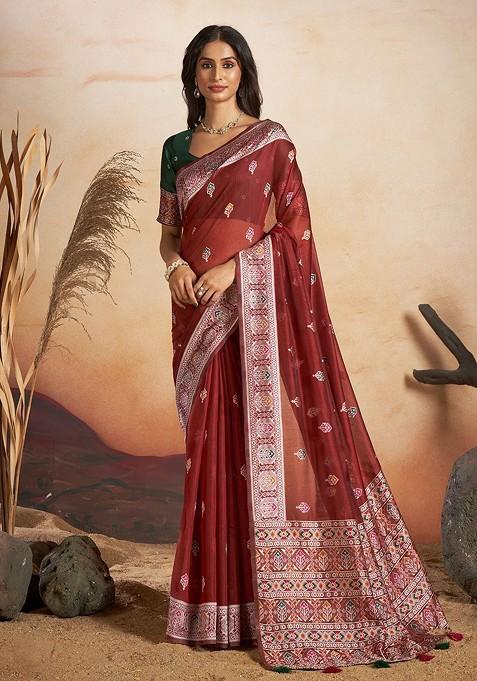Brown Embroidered Blended Saree Set