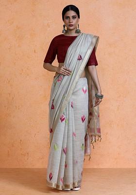Beige Embroidered Blended Saree Set