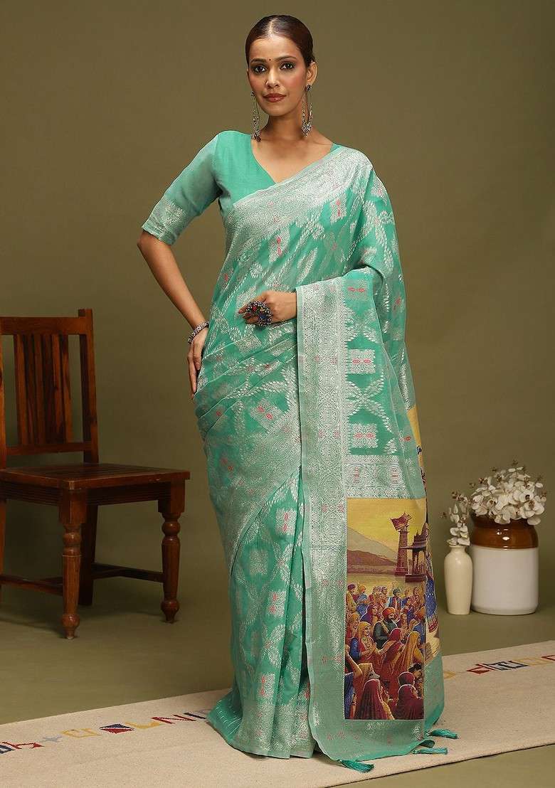 Sea Green Blended Saree Set with Embroidered for Diwali | Wedding & Festive Wear - Indya