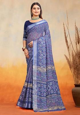Navy Blue Printed Blended Saree Set