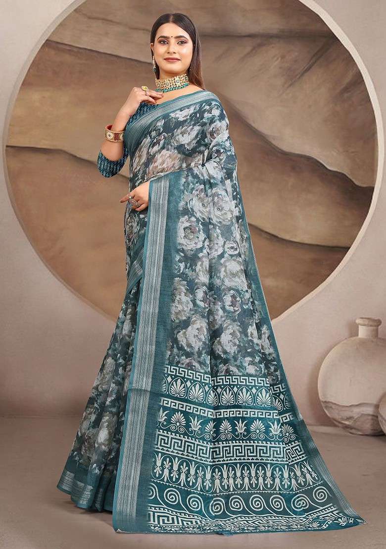 Grey Melange Blended Saree Set with Printed for Diwali | Wedding & Festive Wear - Indya