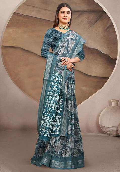 Grey Melange Blended Saree Set with Printed for Diwali | Wedding & Festive Wear