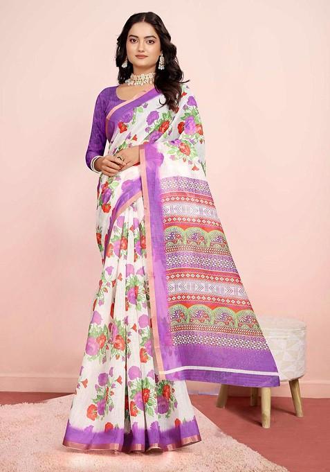 White Printed Blended Saree Set