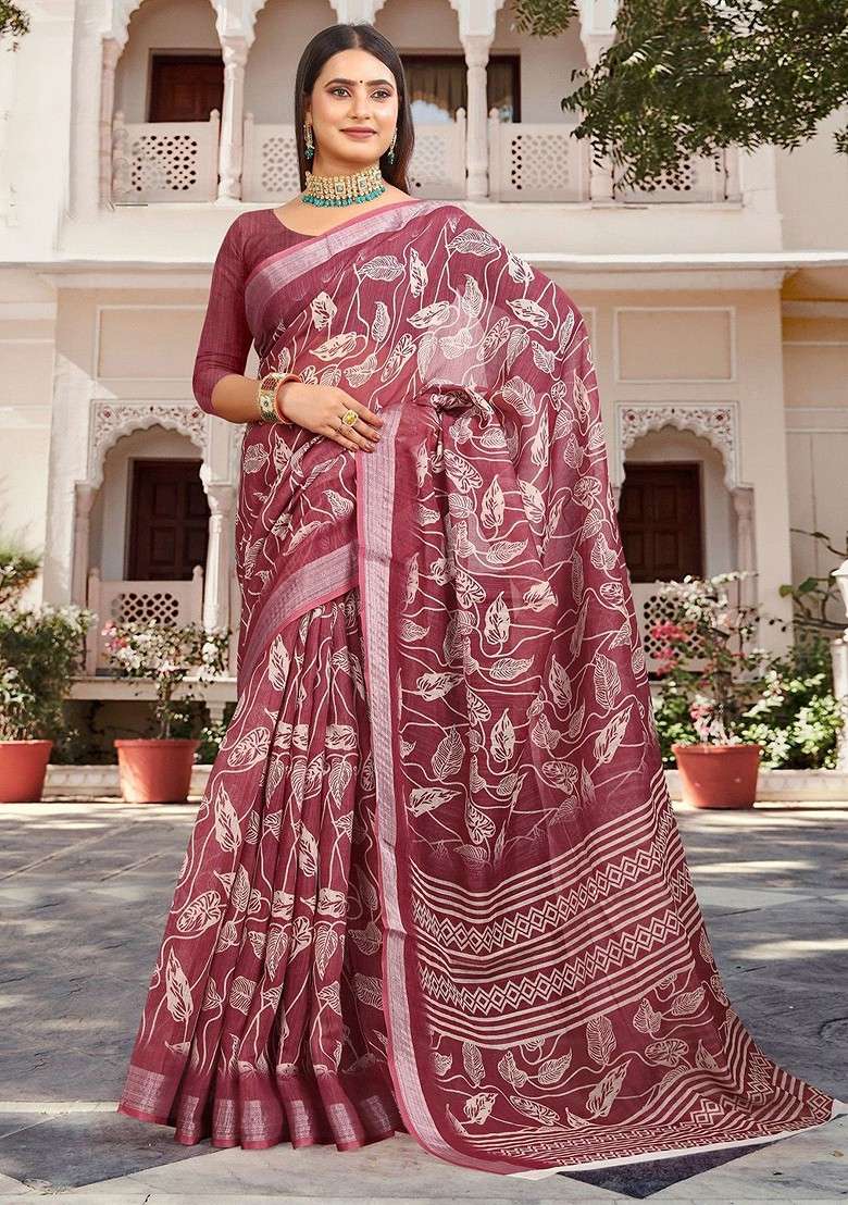Maroon Printed Blended Saree Set for Diwali and Festive Wear - Indya