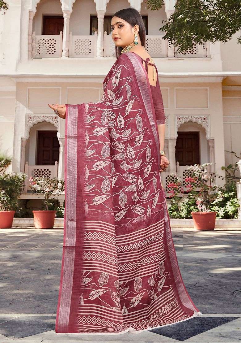 Maroon Printed Blended Saree Set for Diwali and Festive Wear - Indya