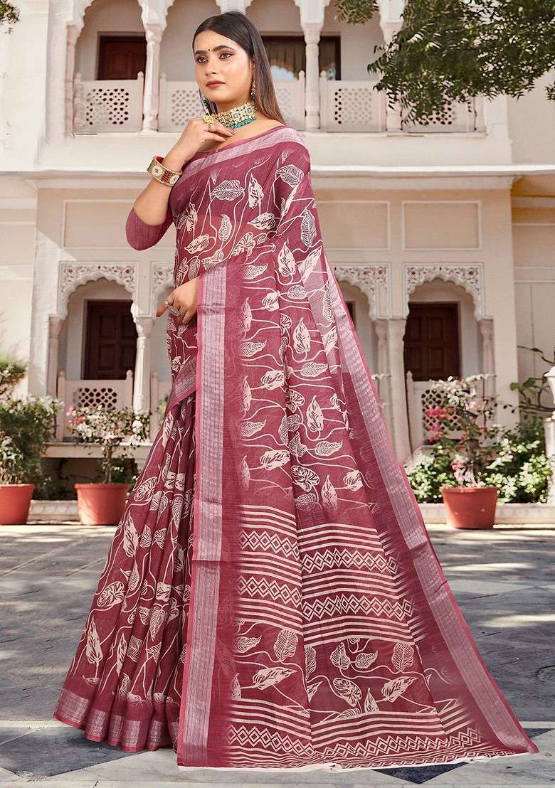 Maroon Printed Blended Saree Set for Diwali and Festive Wear - Indya