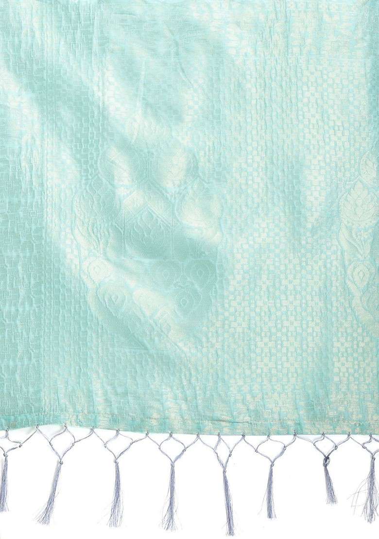 Turquoise Blue Embroidered Blended Saree Set - Indya