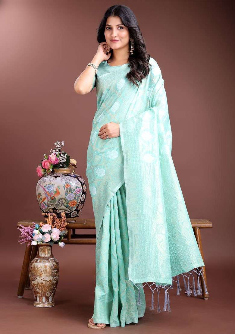Turquoise Blue Embroidered Blended Saree Set - Indya