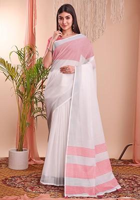 Pink Solid Blended Saree Set