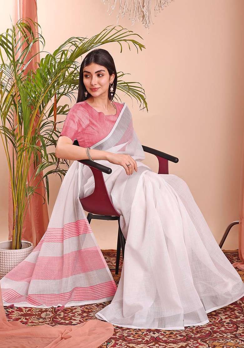 Pink Solid Blended Saree Set - Indya