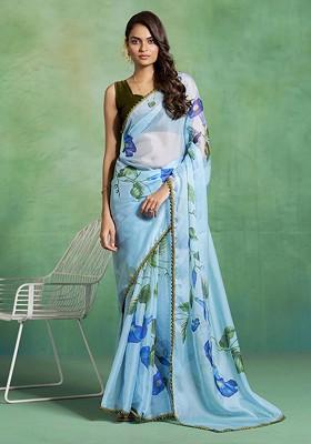 Turquoise Blue Printed Blended Saree Set