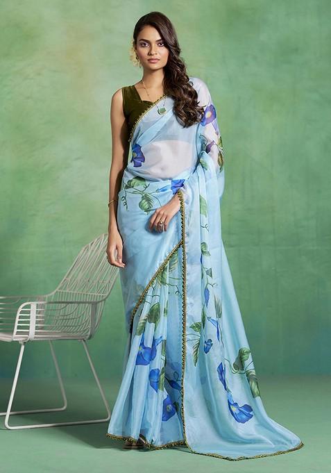 Turquoise Blue Printed Blended Saree Set — view on Indya