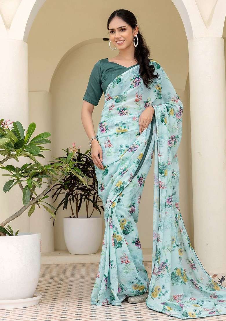 Turquoise Blue Embroidered Blended Saree Set - Indya