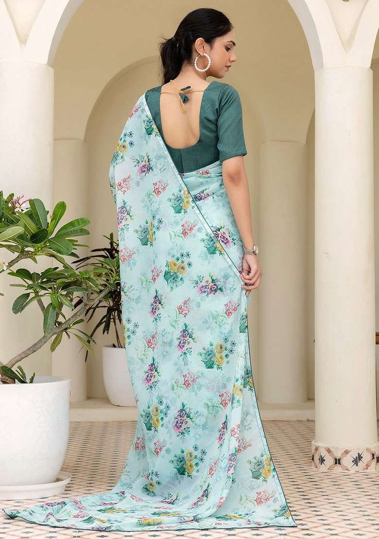 Turquoise Blue Embroidered Blended Saree Set - Indya