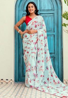 Turquoise Blue Embroidered Blended Saree Set