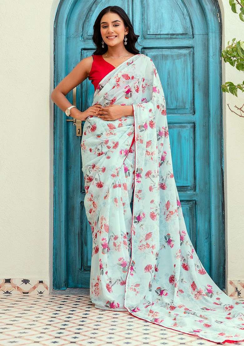 Turquoise Blue Embroidered Blended Saree Set - Indya
