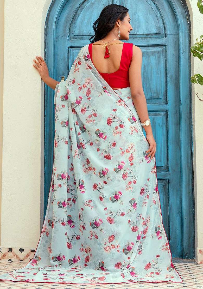 Turquoise Blue Embroidered Blended Saree Set - Indya