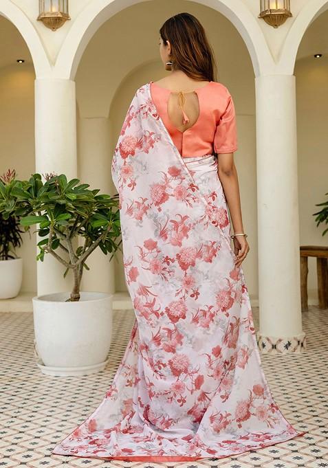 Off White Printed Blended Saree Set