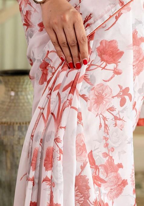 Off White Printed Blended Saree Set