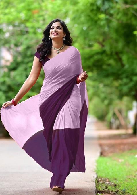 Lavender Printed Blended Saree Set