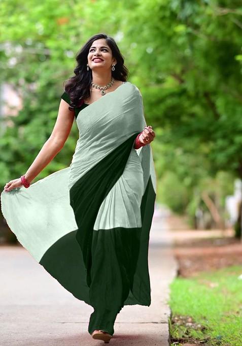 Green Printed Blended Saree Set