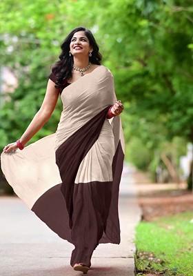 Beige Printed Blended Saree Set