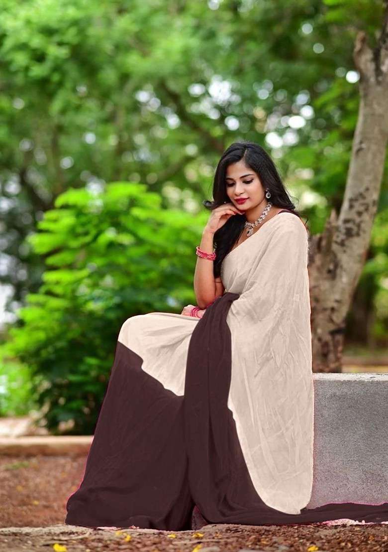 Beige Printed Blended Saree Set for Diwali and Festive Wear - Indya