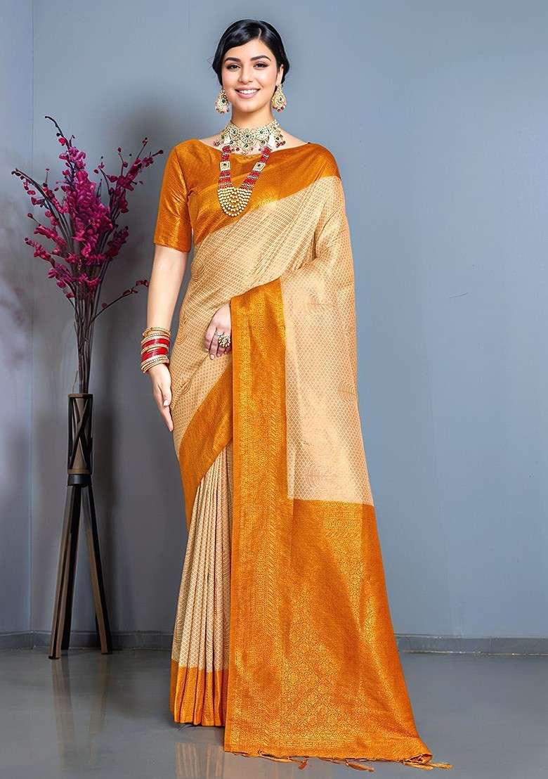 Cream Jacquard Blended Saree Set for Diwali and Festive Wear - Indya