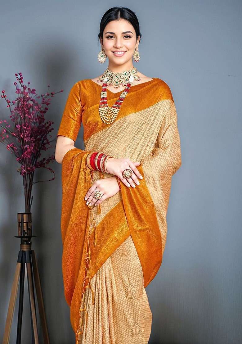 Cream Jacquard Blended Saree Set for Diwali and Festive Wear - Indya