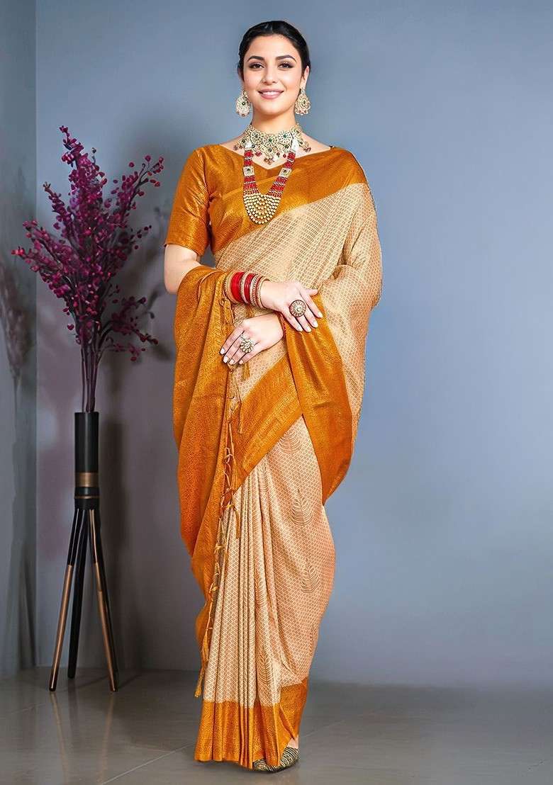 Cream Jacquard Blended Saree Set for Diwali and Festive Wear - Indya