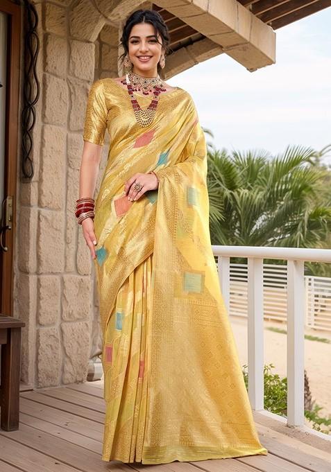 Yellow Embroidered Blended Saree Set