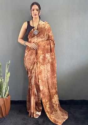 Brown Embroidered Blended Saree Set