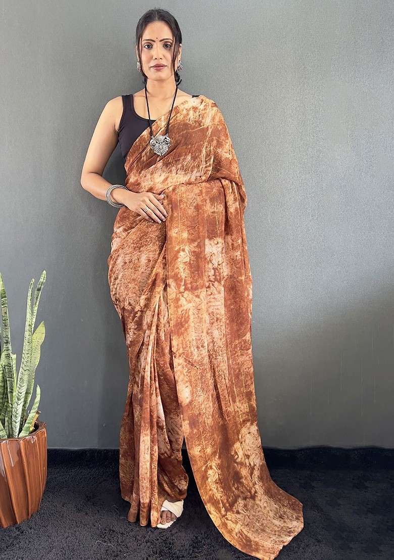 Brown Embroidered Blended Saree Set - Indya