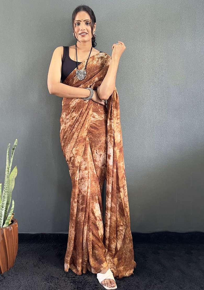 Brown Embroidered Blended Saree Set - Indya