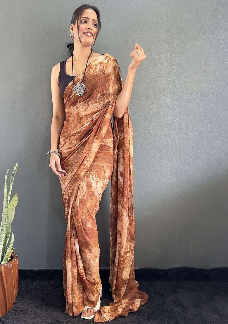 Brown Embroidered Blended Saree Set - Indya