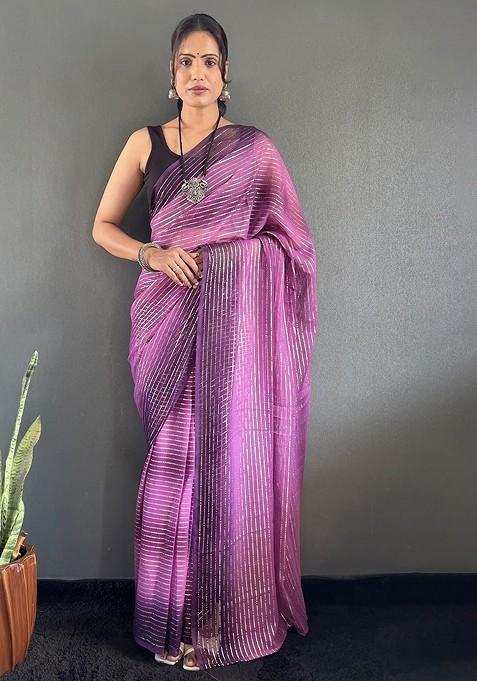 Purple Embellished Blended Saree Set