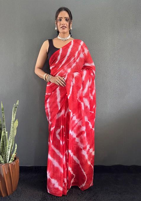 Red Embroidered Blended Saree Set