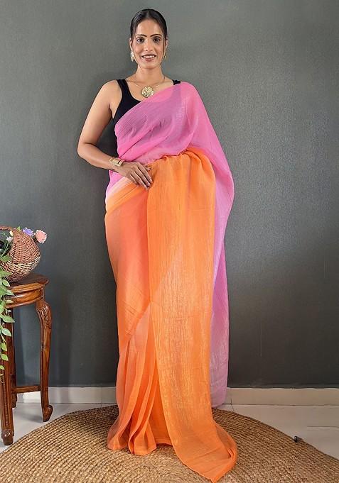 Orange Embroidered Blended Saree Set