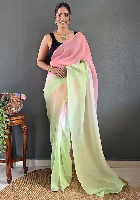 Pink Embroidered Blended Saree Set