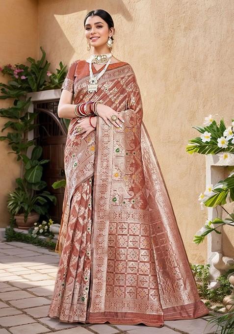 Rust Embroidered Blended Saree Set — view on Indya