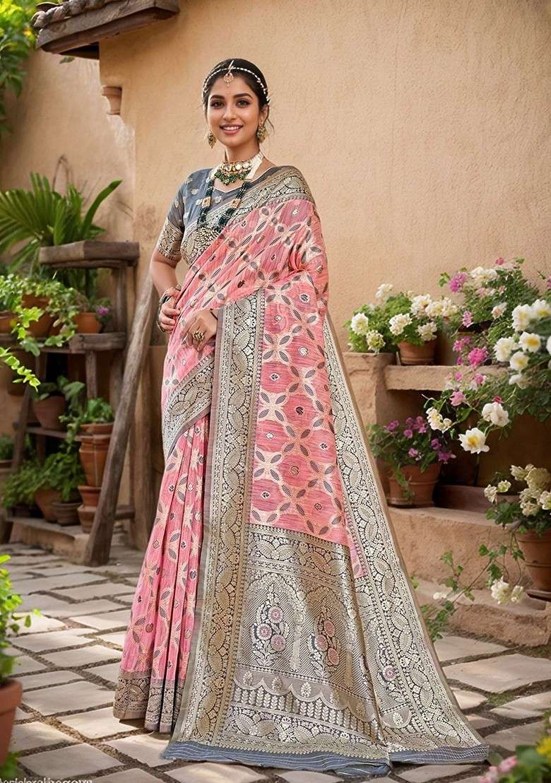 Coral Embroidered Blended Saree Set for Diwali and Festive Wear - Indya