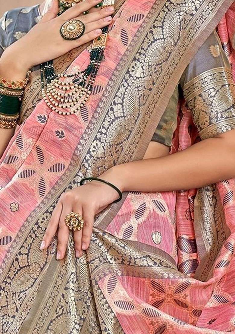 Coral Embroidered Blended Saree Set for Diwali and Festive Wear - Indya