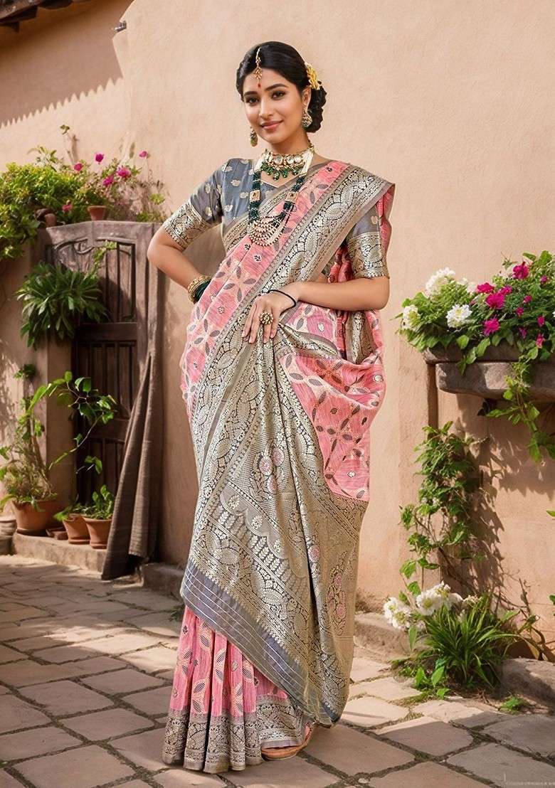 Coral Embroidered Blended Saree Set for Diwali and Festive Wear - Indya
