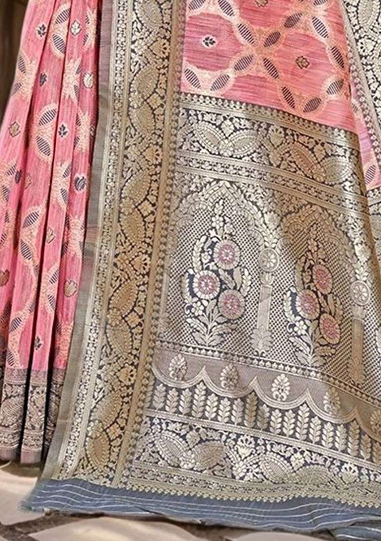 Coral Embroidered Blended Saree Set for Diwali and Festive Wear - Indya