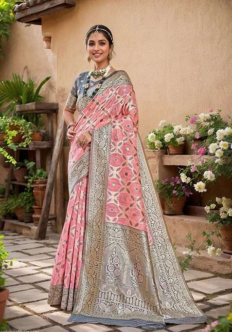Coral Embroidered Blended Saree Set for Diwali and Festive Wear